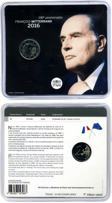Франция 2 евро 2016 100 лет со дня рождения Франсуа Миттерана, буклет, пластик, запайка KM 2281 биметалл BUNC 966-6-2