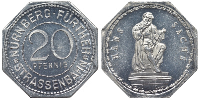 Германия, Нюрнберг - Фюрт 20 пфеннигов ND трамвайный жетон, Ганс Сакс алюминий UNC 4119-735