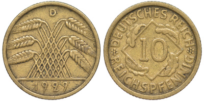 Германия 10 рейхспфеннигов 1929 D KM 40, J. 317 алюминиевая бронза 4604-714