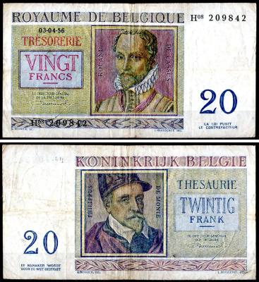 Бельгия 20 франков 1956 Pick 132 b бумага 6300-22-3-1