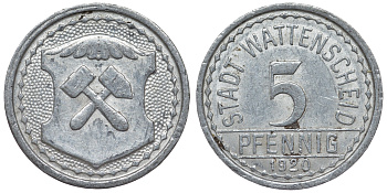 Германия, Ваттеншайд 5 пфеннигов 1920 Северный Рейн-Вестфалия, нотгельд алюминий 4119-114