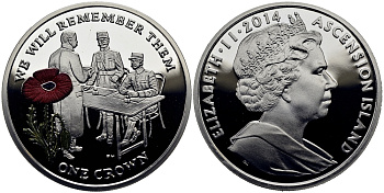 Остров Вознесения 1 крона 2014 в память героев первой мировой войны, допрос, красный мак KM NEW серебро, эмаль PROOF 1071-3-53