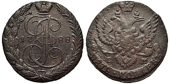 Россия 5 копеек 1788 ЕМ, Екатерина II (1762-1796), вензель и корона больше Биткин 642 медь 1101-3-12