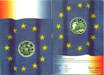 ФРАНЦИЯ 1 ЕВРО = 6,55957 ФРАНКОВ 1999 ДОЕВРОВЫЕ МОНЕТЫ ФРАНЦИИ, МОНЕТЫ НА МОНЕТЕ, БУКЛЕТ , СЕРТИФИКАТ KM 1255 серебро PROOF 7-6-59