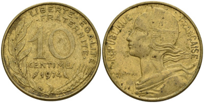 Франция 10 сантимов 1974 KM 929 алюминиевая бронза 4152-436