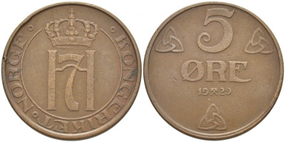 НОРВЕГИЯ 5 ЭРЕ 1929 ХОКОН VII (1905-1957) KM 368 бронза 3856-832