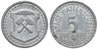Германия, Ваттеншайд 5 пфеннигов 1920 Северный Рейн-Вестфалия, нотгельд алюминий 4119-114