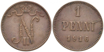 РОССИЯ ДЛЯ ФИНЛЯНДИИ 1 ПЕННИ 1916 НИКОЛАЙ II (1895-1917) KM 13, Биткин 476 медь 211-1067