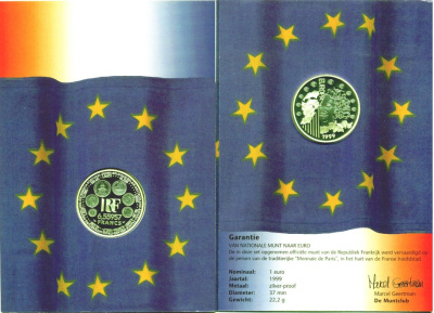 ФРАНЦИЯ 1 ЕВРО = 6,55957 ФРАНКОВ 1999 ДОЕВРОВЫЕ МОНЕТЫ ФРАНЦИИ, МОНЕТЫ НА МОНЕТЕ, БУКЛЕТ , СЕРТИФИКАТ KM 1255 серебро PROOF 7-6-59