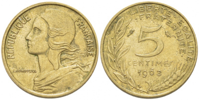 ФРАНЦИЯ 5 САНТИМОВ 1968 ТИП MARIANNE KM 933, LE FRANC 125.4 алюминиевая бронза 3309-643