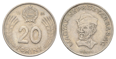Венгрия 20 форинтов 1984 BP, Дьёрдь Дожа KM 630 медно-никель 4653-1046