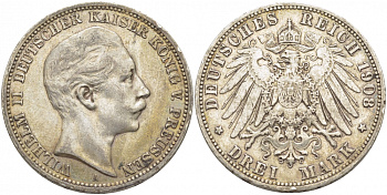 ПРУССИЯ 3 МАРКИ 1908 ВИЛЬГЕЛЬМ II KM 527, J. 103 серебро 3896-1033