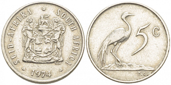 ЮАР 5 центов 1974 герб, райский журавль KM 84 никель 105-1025