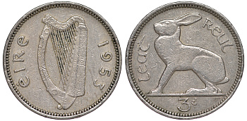 ИРЛАНДИЯ 3 ПЕНСА 1953 ЗАЯЦ KM 12a медно-никель 3334-1215