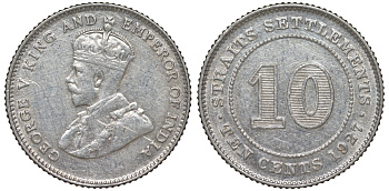 Стрейтс-Сетлментс 10 центов 1927 Георг V (1910-1936) КМ 29b серебро 53-722