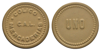 Чили, компании C.A.L. Colico N.D. шахтерский жетон с Селитряного рудника для покупки в местных магазинах, номиналом в 1 песо ND (1910-1920) диаметр 30,5 мм, вес 2,93 гр Rulau.Ant 3, не описан в Espinosa эбонит (охра) 1066-1-51