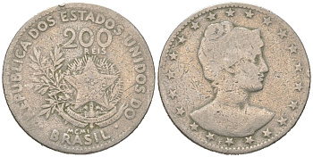 Бразилия 200 реалов 1901 MCMI, голова свободы вправо KM 504 медно-никель 4612-223