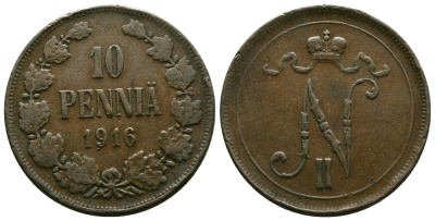 РОССИЯ ДЛЯ ФИНЛЯНДИИ 10 ПЕННИ 1916 Биткин 439 медь 4381-125