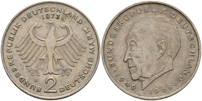 ФРГ 2 марки 1973 F, Конрад Аденауэр KM 124, J. 406 медно-никель 4159-1225