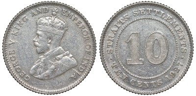 Стрейтс-Сетлментс 10 центов 1927 Георг V (1910-1936) КМ 29b серебро 53-722