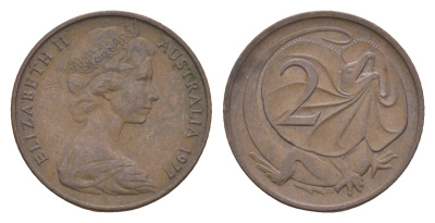 Австралия 2 цента 1977 Елизавета II (1952-2022), плащеносная ящерица KM 63 бронза 4655-1243