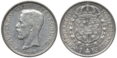 Швеция 1 крона 1937 G, Густав V (1907-1950) KM 786.2 серебро UNC 4116-716