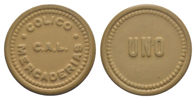Чили, компании C.A.L. Colico N.D. шахтерский жетон с Селитряного рудника для покупки в местных магазинах, номиналом в 1 песо ND (1910-1920) диаметр 30,5 мм, вес 2,93 гр Rulau.Ant 3, не описан в Espinosa эбонит (охра) 1066-1-51