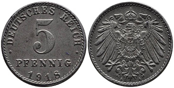 ГЕРМАНИЯ 5 ПФЕННИГОВ 1918 A KM 19, Jager 297, Weege 5 железо 4547-567
