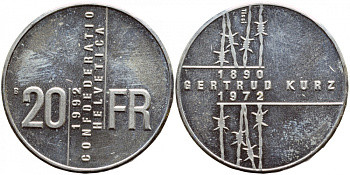 Швейцария 20 франков 1992 В, Гертруда Курц KM 72 серебро UNC 443-215