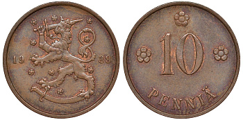 Финляндия 10 пенни 1938 KM 24 медь 51-3024
