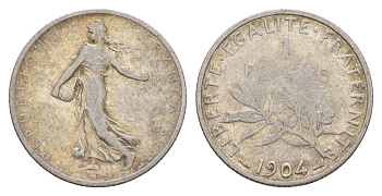 Франция 1 франк 1904 KM 844 серебро 4656-211