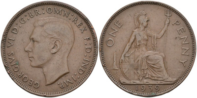Великобритания 1 пенни 1939 Георг VI (1936-1952) KM 845, Spink 4114 бронза 4117-835