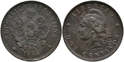 Аргентина 2 сентаво 1889 голова Свободы влево KM 8 бронза 4531-922