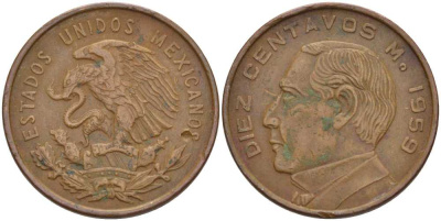 МЕКСИКА 10 СЕНТАВО 1959 KM 433 бронза 110-417