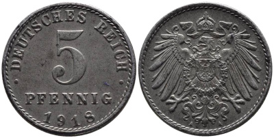 ГЕРМАНИЯ 5 ПФЕННИГОВ 1918 A KM 19, Jager 297, Weege 5 железо 4547-567