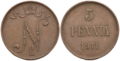 Россия для Финляндии 5 пенни 1911 Николай II (1894-1917) KM 15, Биткин 451 медь 85-313