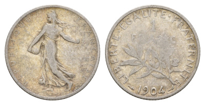 Франция 1 франк 1904 KM 844 серебро 00-00