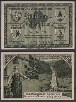 Обервайсбах 50 пфеннигов 1921 Grabowski 1003.1-4/5 бумага UNC (пресс) 8592-50-3-1