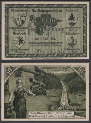 Обервайсбах 50 пфеннигов 1921 Grabowski 1003.1-4/5 бумага UNC (пресс) 8592-50-3-1