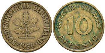 ФРГ 10 пфеннигов 1950 J КМ 108, J. 383 сталь плакированная латунью 4573-133