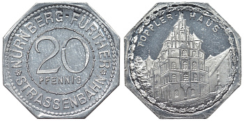 Германия, Нюрнберг - Фюрт 20 пфеннигов ND трамвайный жетон, дом Топплера алюминий UNC 4119-716