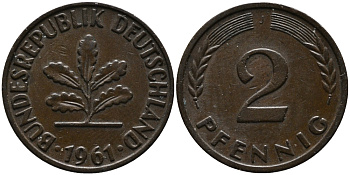 ФРГ 2 пфеннига 1967 J KM 106, J.381 бронза 99-149