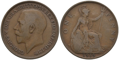 Великобритания 1 пенни 1919 Георг V (1910-1936) KM 810, Spink 4051 бронза 4607-1221