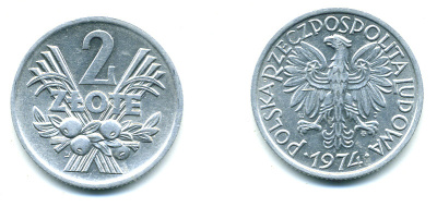 ПОЛЬША 2 ЗЛОТЫХ 1974 MW KM 46 алюминий 59-1446