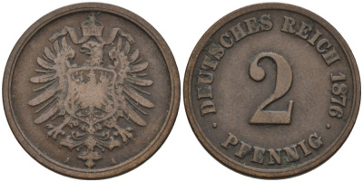 Германия 2 пфеннига 1876 A, старогербовка KM 2, J. 2 медь 4575-712