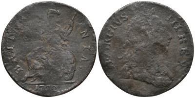 Великобритания 1/2 пенни 1772 Георг III (1760-1820) KM 601, Spink 3774 медь 32-724