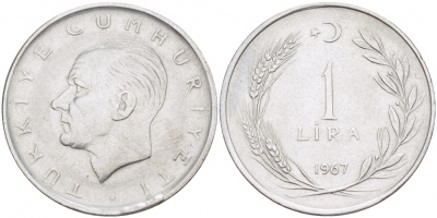 Турция 1 лира 1967 Мустафа Кемаль Ататюрк KM 889а.2 нержавеющая сталь 213-137