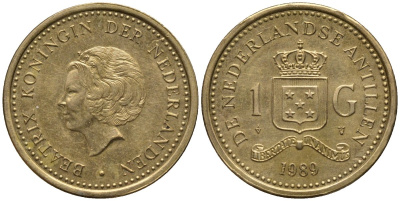 Нидерландские Антилы 1 гульден 1989 Беатрикс (1980-2013) KM 37 позолоченная сталь UNC 4579-853