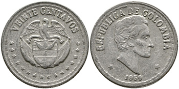 КОЛУМБИЯ 20 СЕНТАВО 1959 СИМОН БОЛИВАР KM 215.1 медно-никель 4529-847
