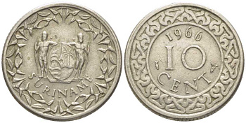 Суринам 10 центов 1966 KM 13 медно-никель 112-521